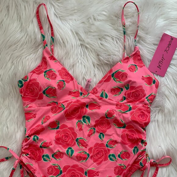 BETSEY JOHNSON Rose V-Neck Cinched Sides One Piece Swimsuit in Pink/Red Sz M - Picture 2 of 8